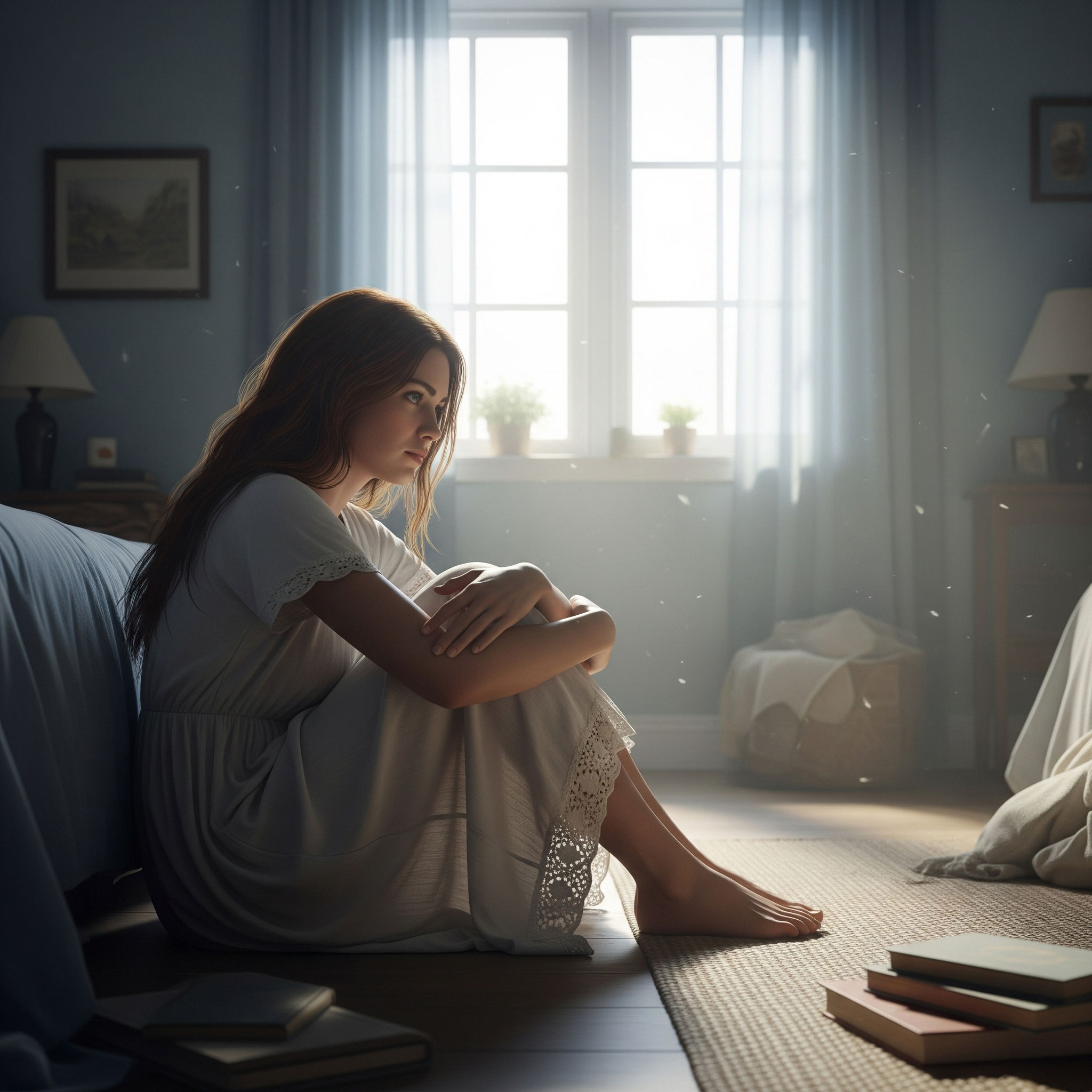 A woman sitting on the floor in a quiet bedroom, hugging her knees with a faraway look, light streaming in through a window.