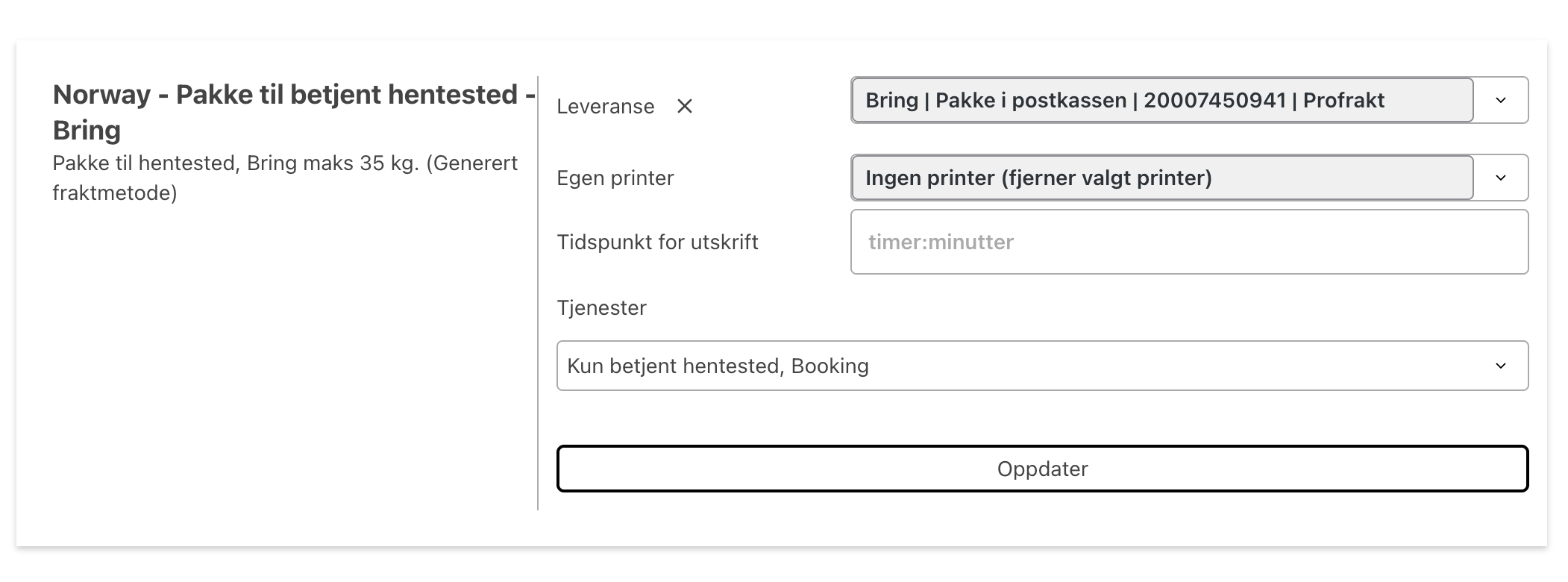 Her vil fraktmetoden Pakke til betjent hentested nå vises utleveringssteder fra Bring som er betjent.