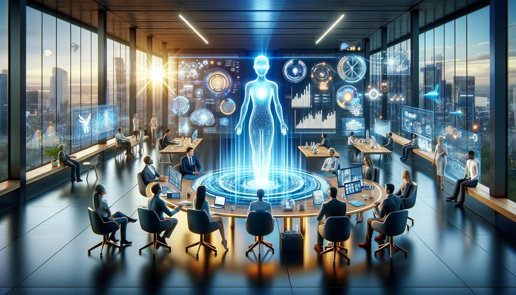 Dall·e 2023 12 21 08.22.51   create a visually striking image representing an ai guide for startup founders. the scene is set in a futuristic office with sleek, modern furniture a