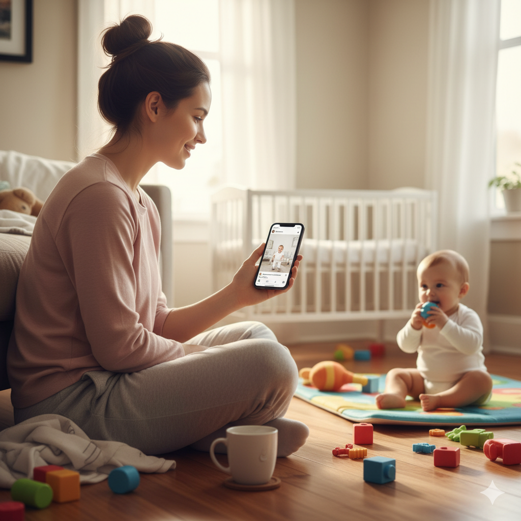 A new mother smiles at her baby in a messy, realistic living room, while her phone displays a "perfect" family from social media, illustrating the theme of social media comparison for new parents.