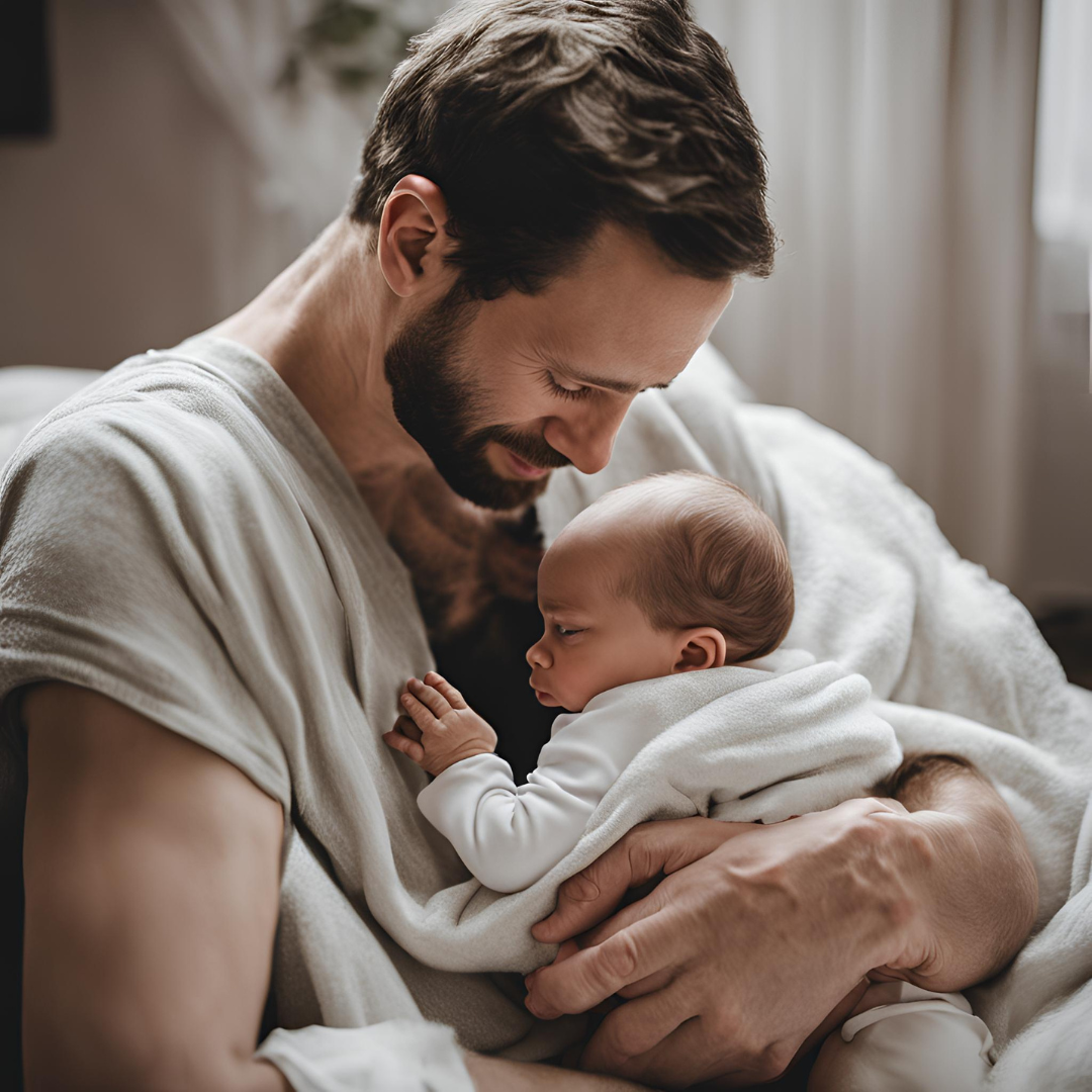 A father tenderly caring for a newborn baby while the mother rests in the background, symbolizing the role of support and teamwork in navigating postpartum depression.