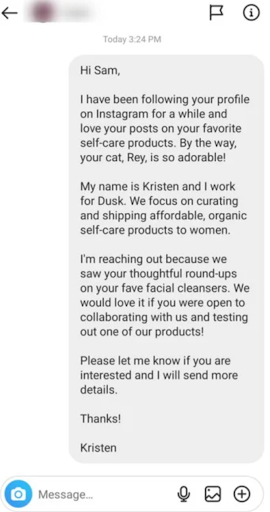 Screenshot of a message sent by a brand to an influencer
