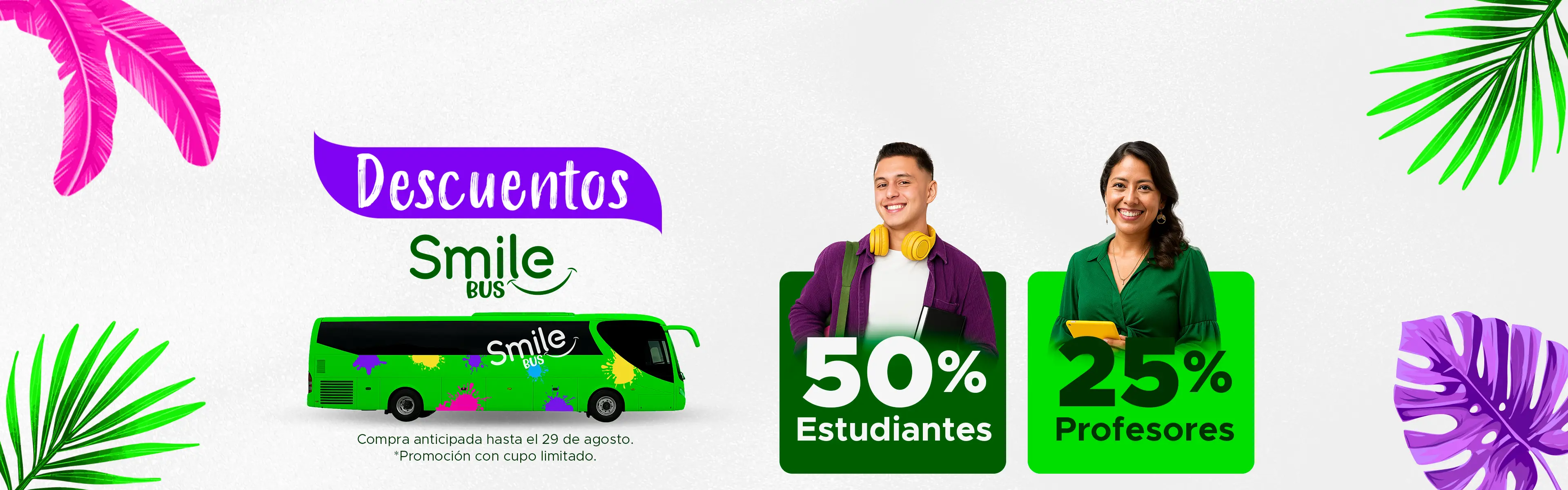 Ahorra en tu viaje con Smile Bus: Aprovecha los descuentos para estudiantes del 50% y para profesores del 25%