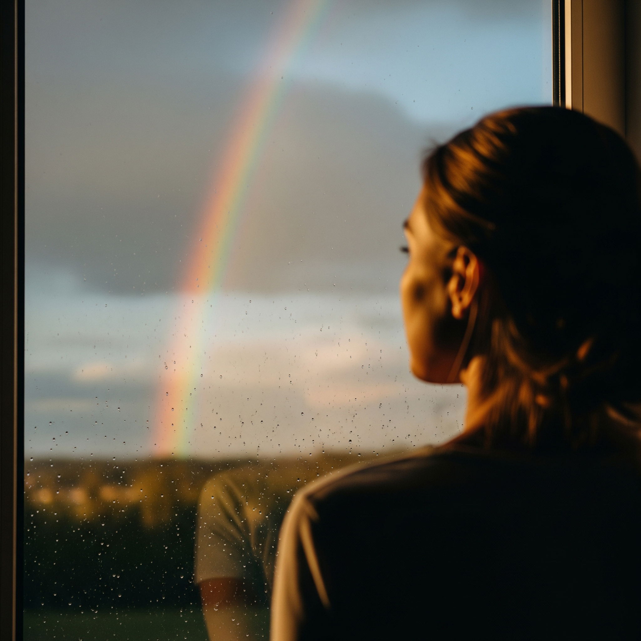 A woman looks out a window at a rainbow, symbolizing hope in balancing excitement and fear during pregnancy.