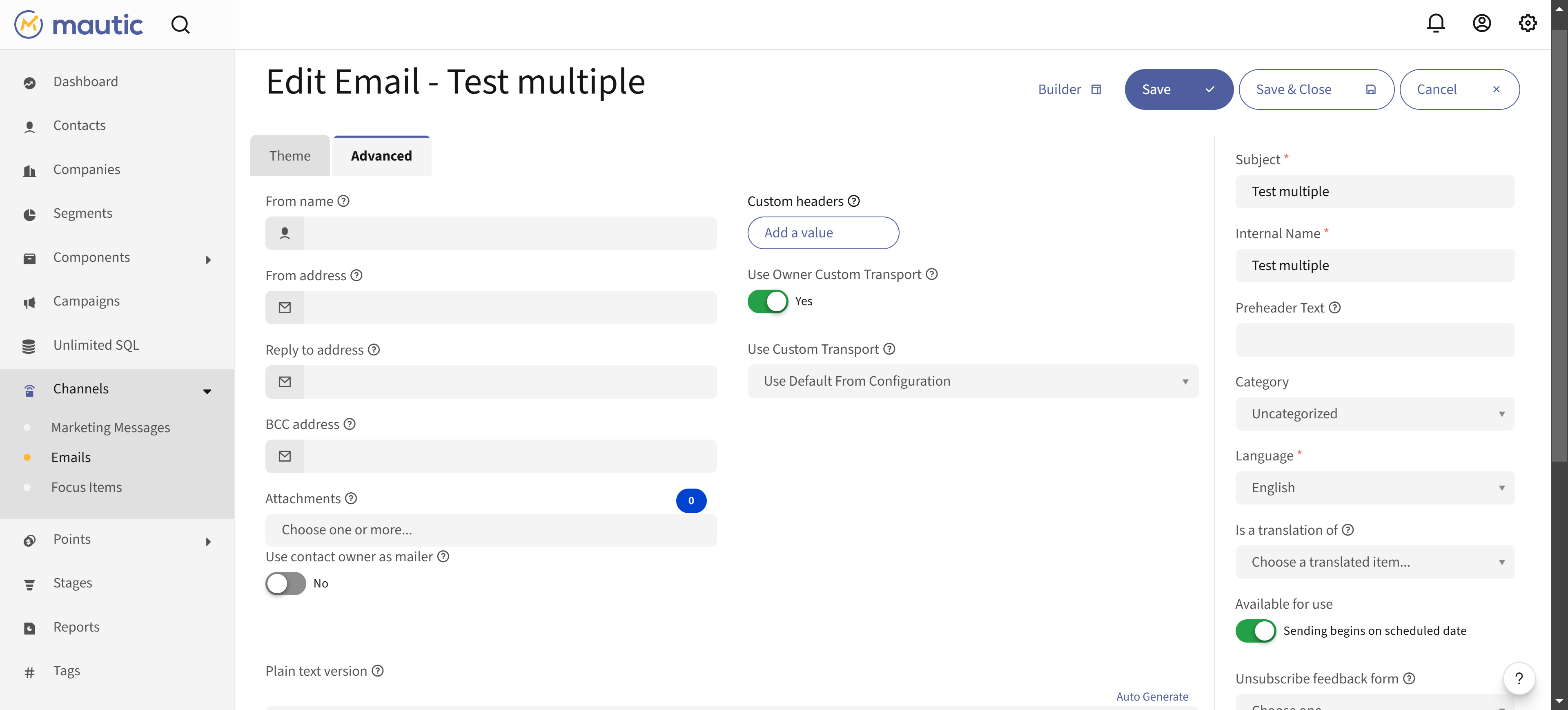 Setup custom transport to email