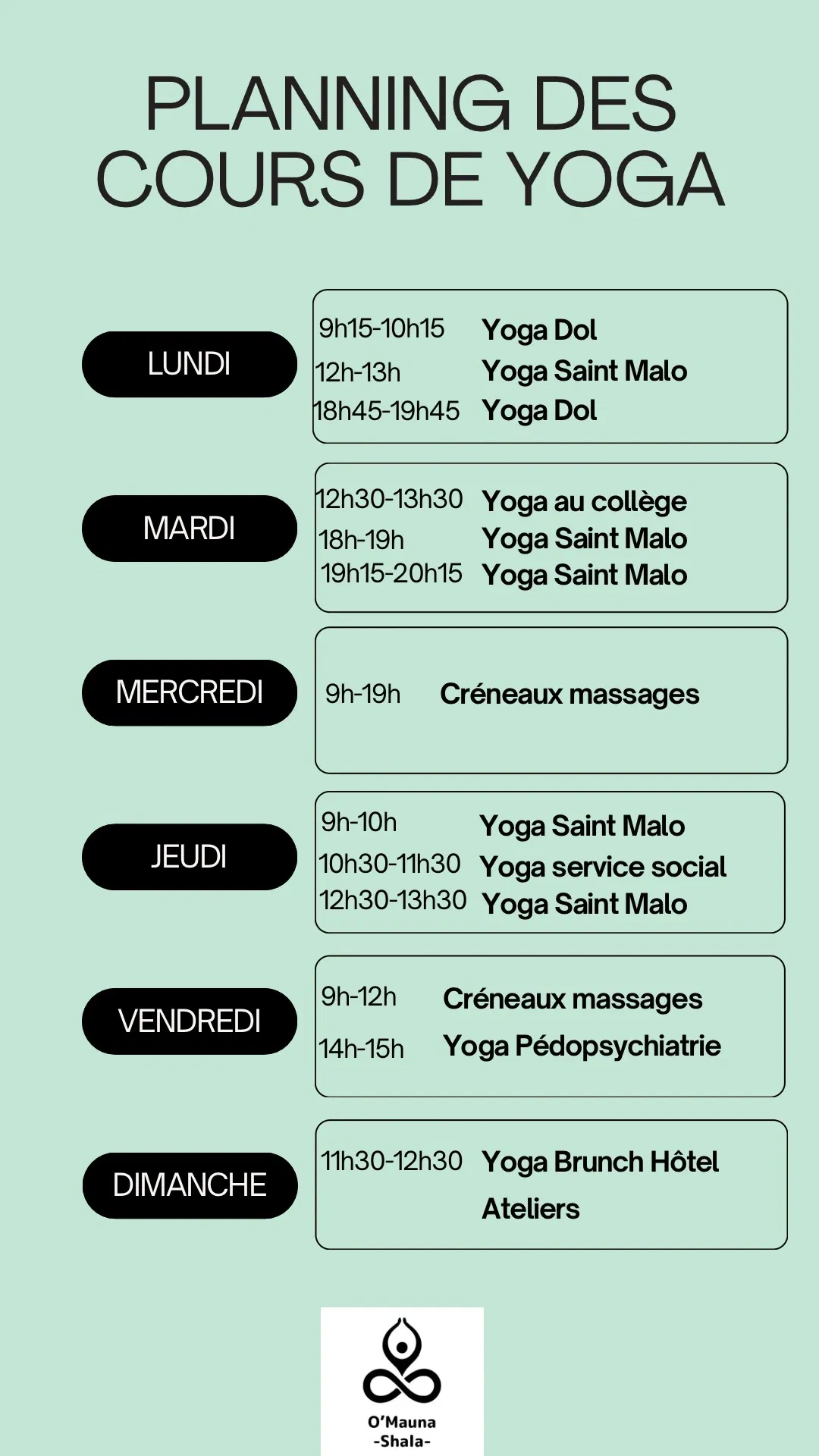 Planning des cours de Yoga Saint Malo (Paramé) et Dol