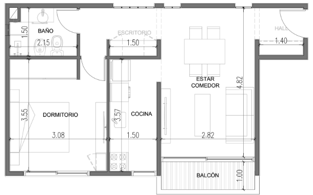 Plano Dos ambientes tipo A 17 y 43