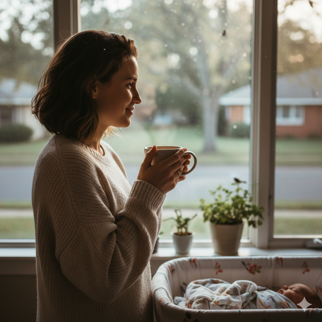 A new mother sits quietly with a cup of tea, representing the feeling of emptiness after childbirth.
