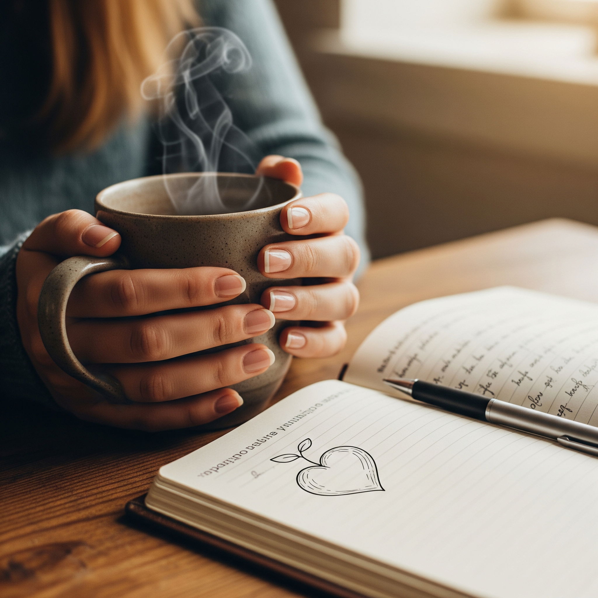 A woman's hands cradle a warm mug on a table next to her journal, symbolizing a moment of quiet reflection while navigating the complex emotions of pregnancy.