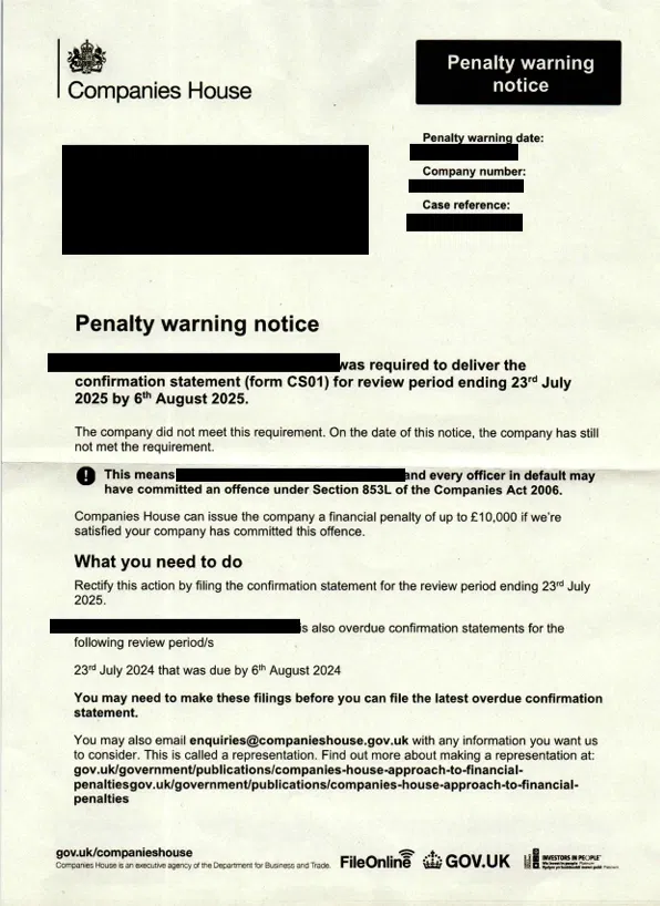 Penalty Warning Notice from Companies House