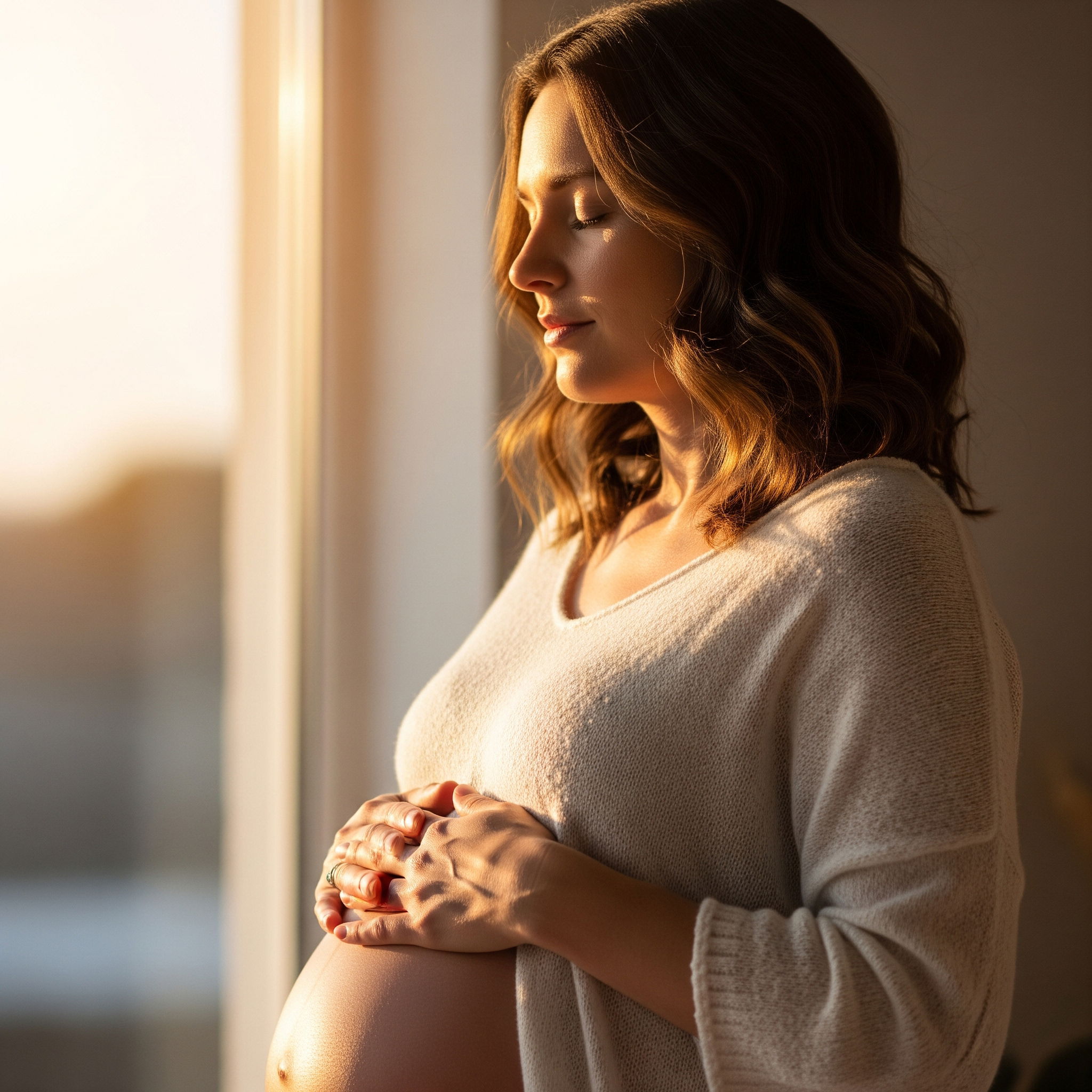 A pregnant woman practicing a natural way to manage anxiety, with a focus on mindfulness and serene well-being.