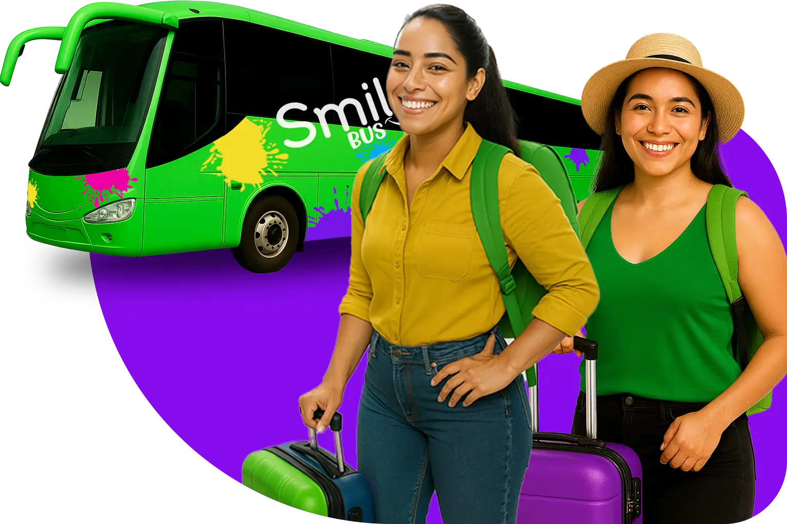 Viajeros sonrientes listos para su viaje en autobús de Cardel a Linares con Smile Bus