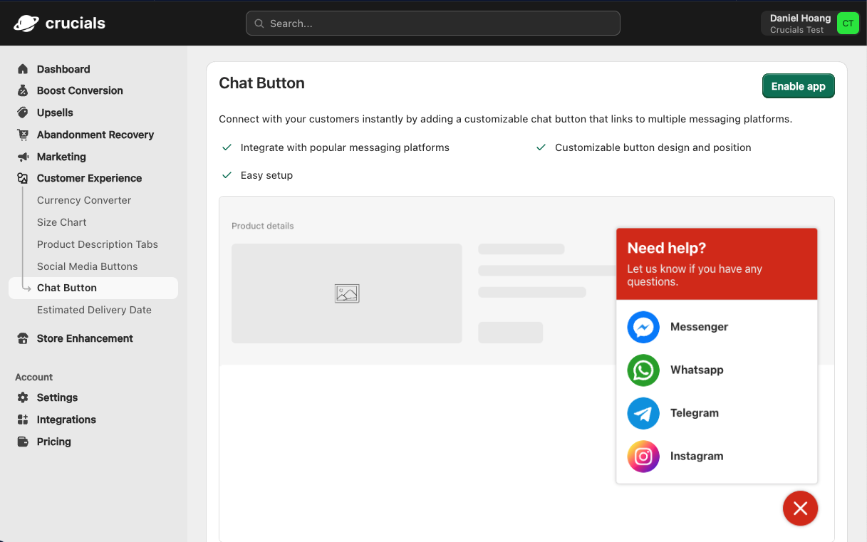 Chat Button in Crucials