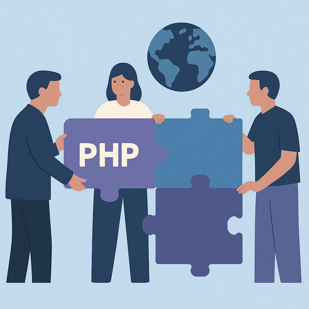 A team of people standing with php icon