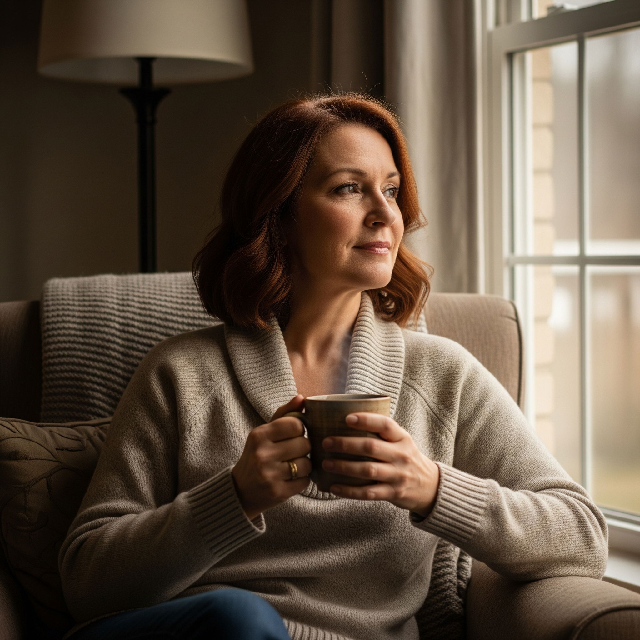 A woman sits peacefully by a window, representing the quiet journey of healing and recovery after experiencing a traumatic birth.