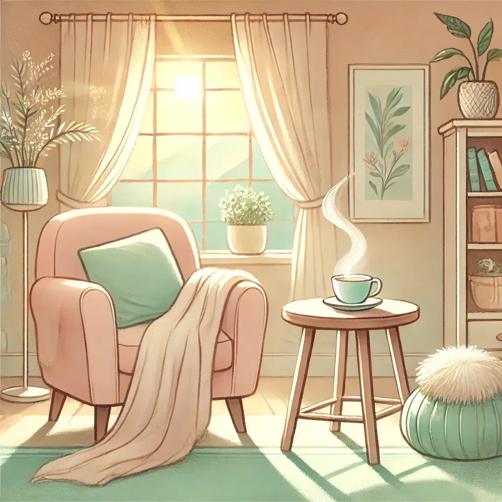 A cozy living room bathed in warm sunlight, symbolizing the tranquility and support needed during postpartum recovery.