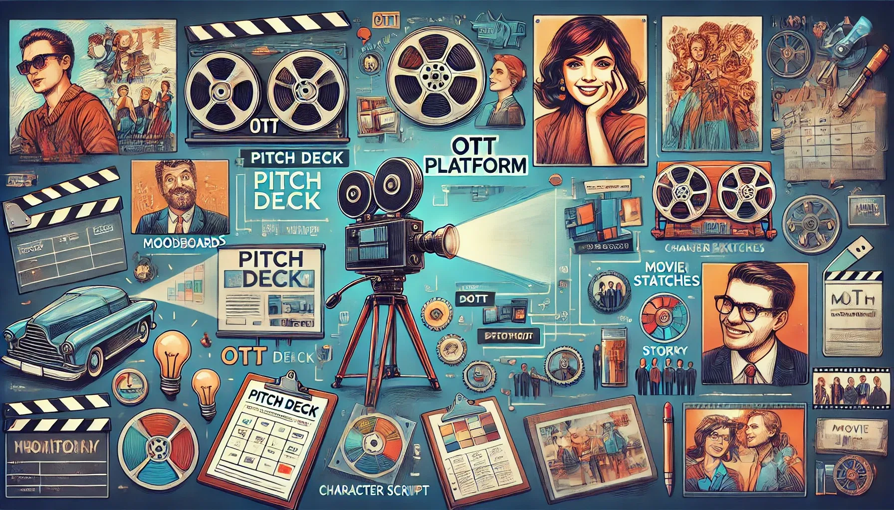 Dall·e 2024 07 31 12.43.55   an engaging image depicting a pitch deck for an ott platform, including elements like moodboards and character sketches. visual highlights such as a p