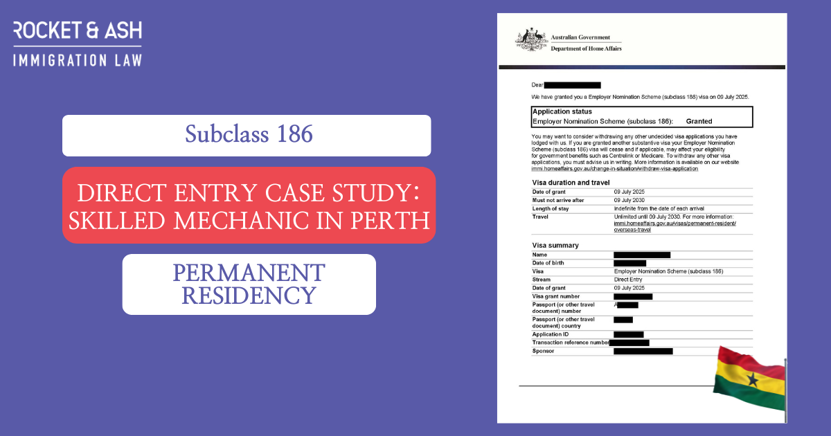 Subclass 186 Direct Entry visa granted to skilled mechanic in Perth – Rocket & Ash Immigration Law case study on fast PR approval.