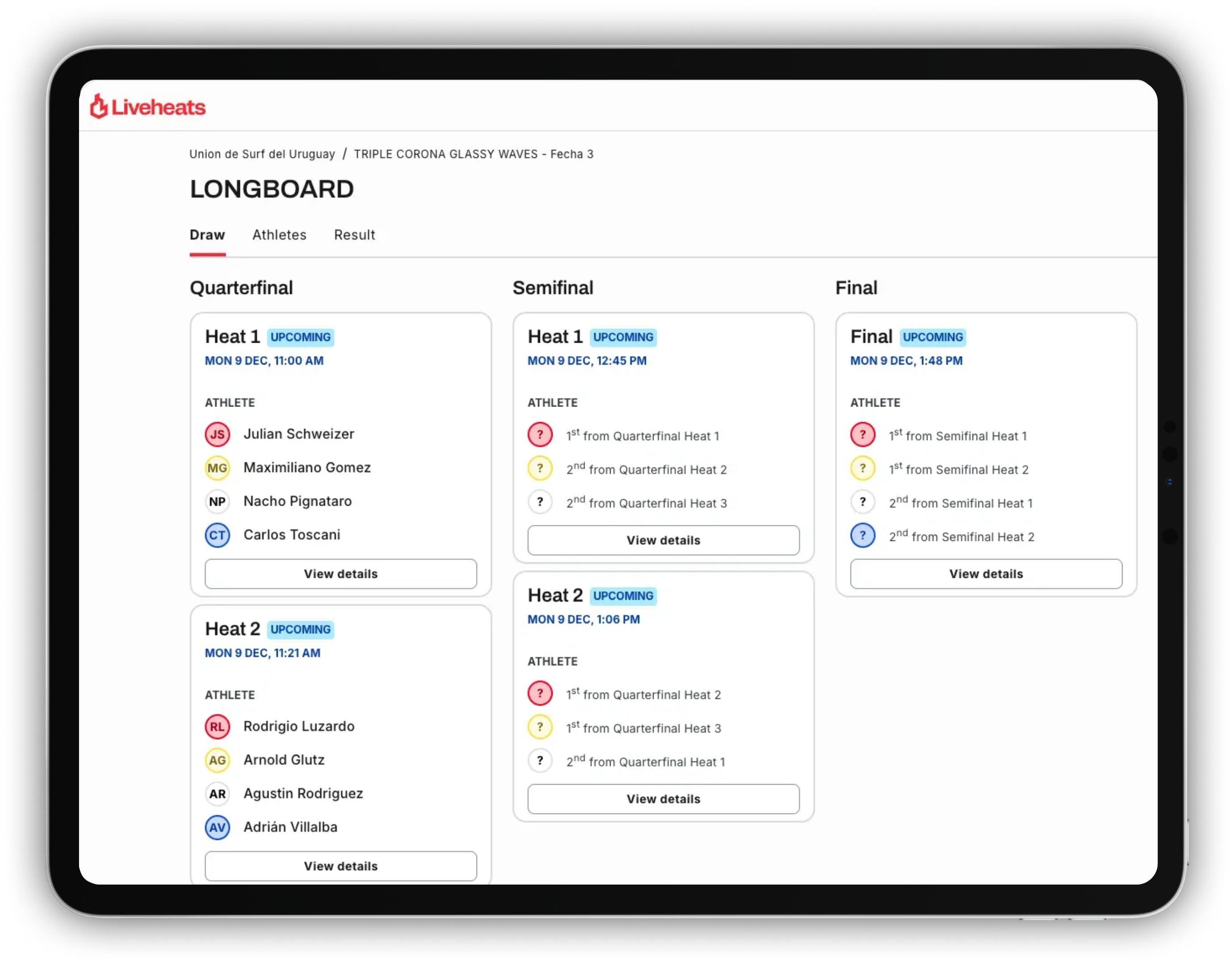 Screenshot of Liveheats' live judging software for surfing, skateboard, snowboard, freeski competitions