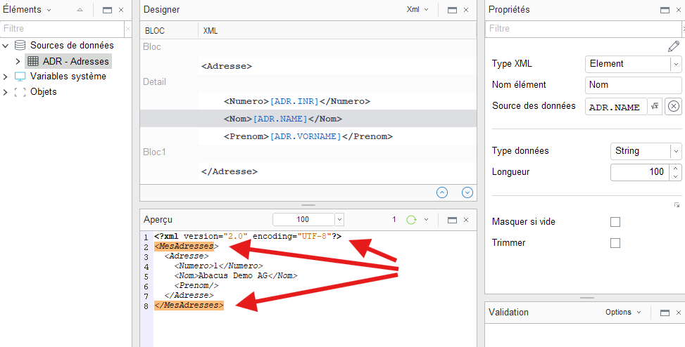 Les données XML exportées reprennent les valeurs que vous avez saisies
