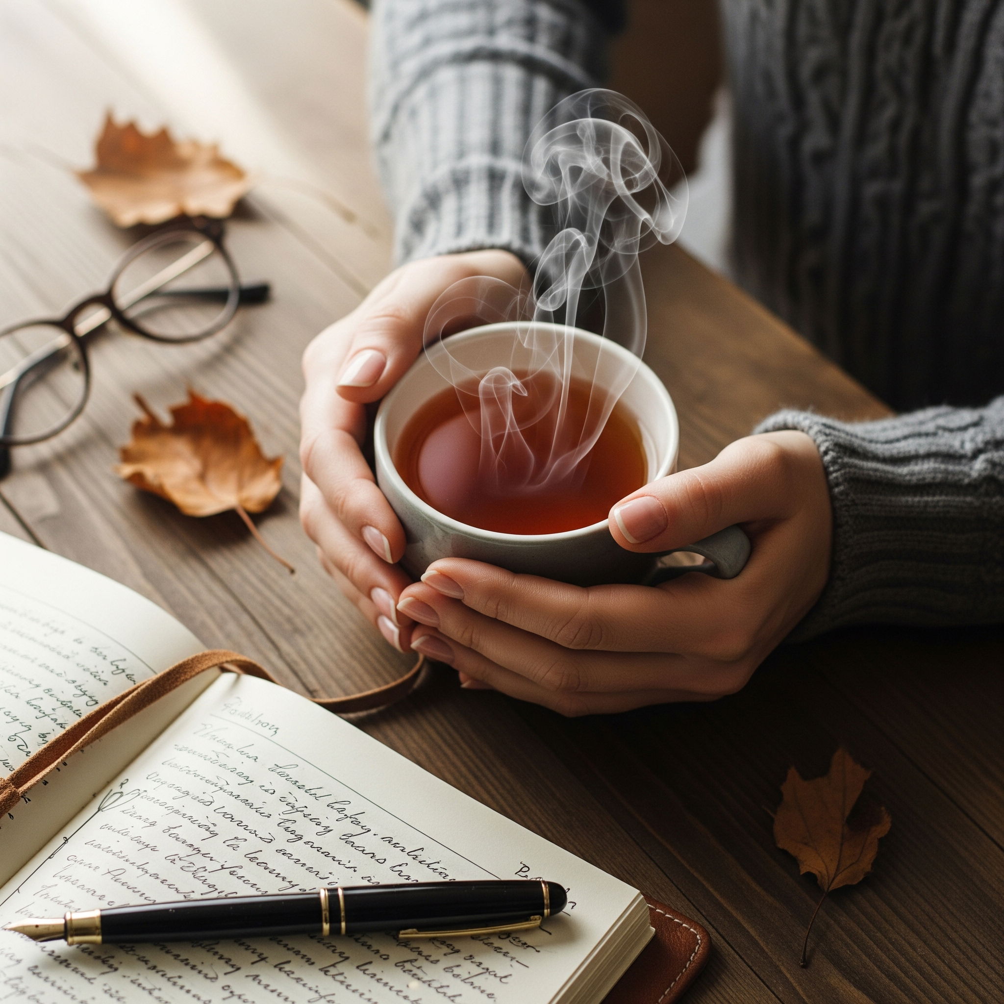Hands holding a warm mug next to a journal, representing reflection and finding coping strategies for perinatal anxiety.