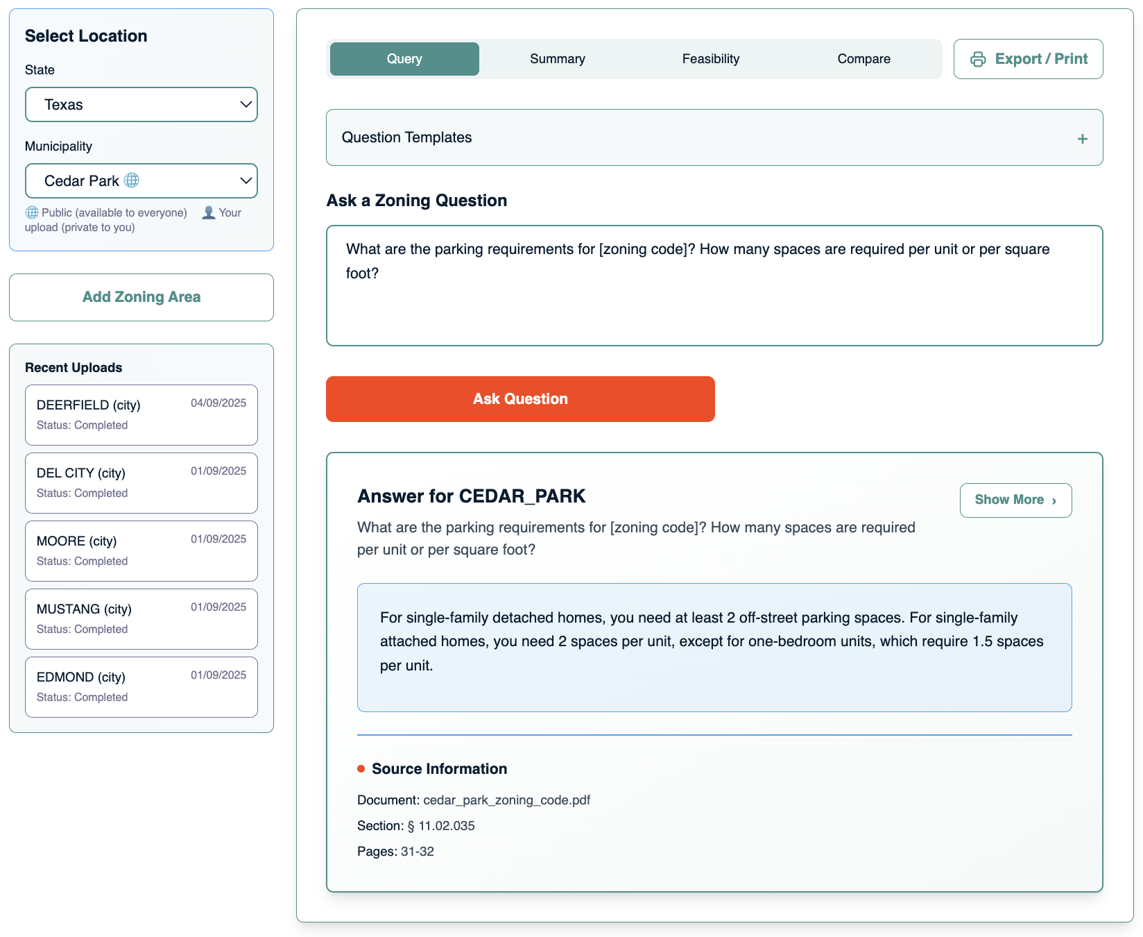 Screenshot of Plotzy's Zoning AI with a question and an answer and source citation