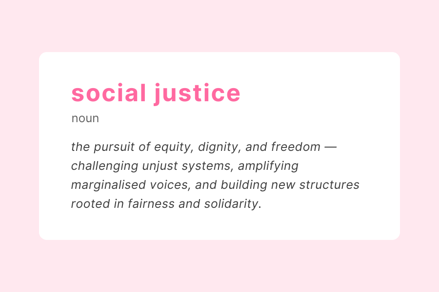 Definition card for the term "social justice" with a pink background. The word is defined as “the pursuit of equity, dignity, and freedom — challenging unjust systems, amplifying marginalised voices, and building new structures rooted in fairness and solidarity.” Styled as a noun with bold pink typography.
