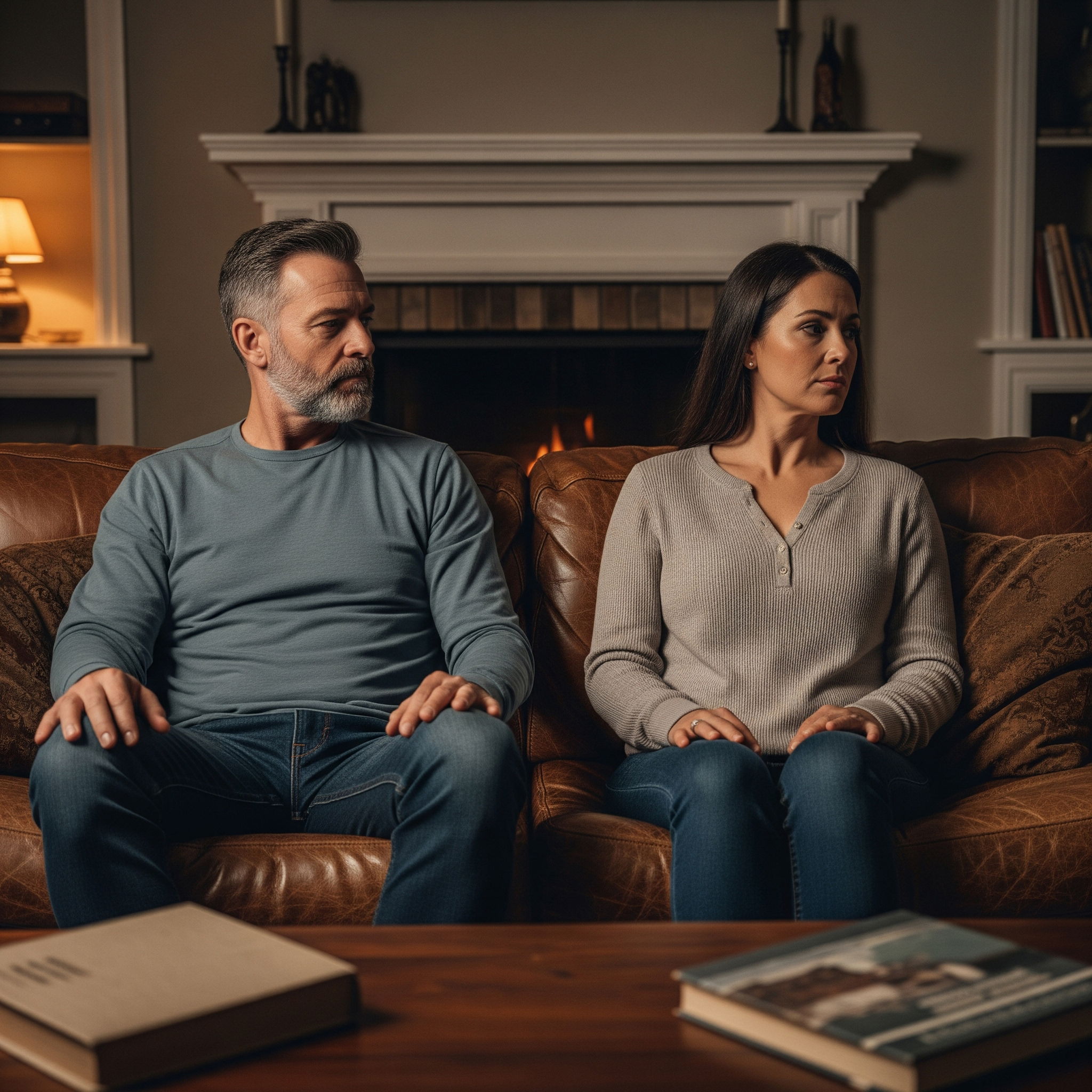 A couple sitting apart on a couch in a dimly lit living room, both looking away in silence, hands resting but not touching.