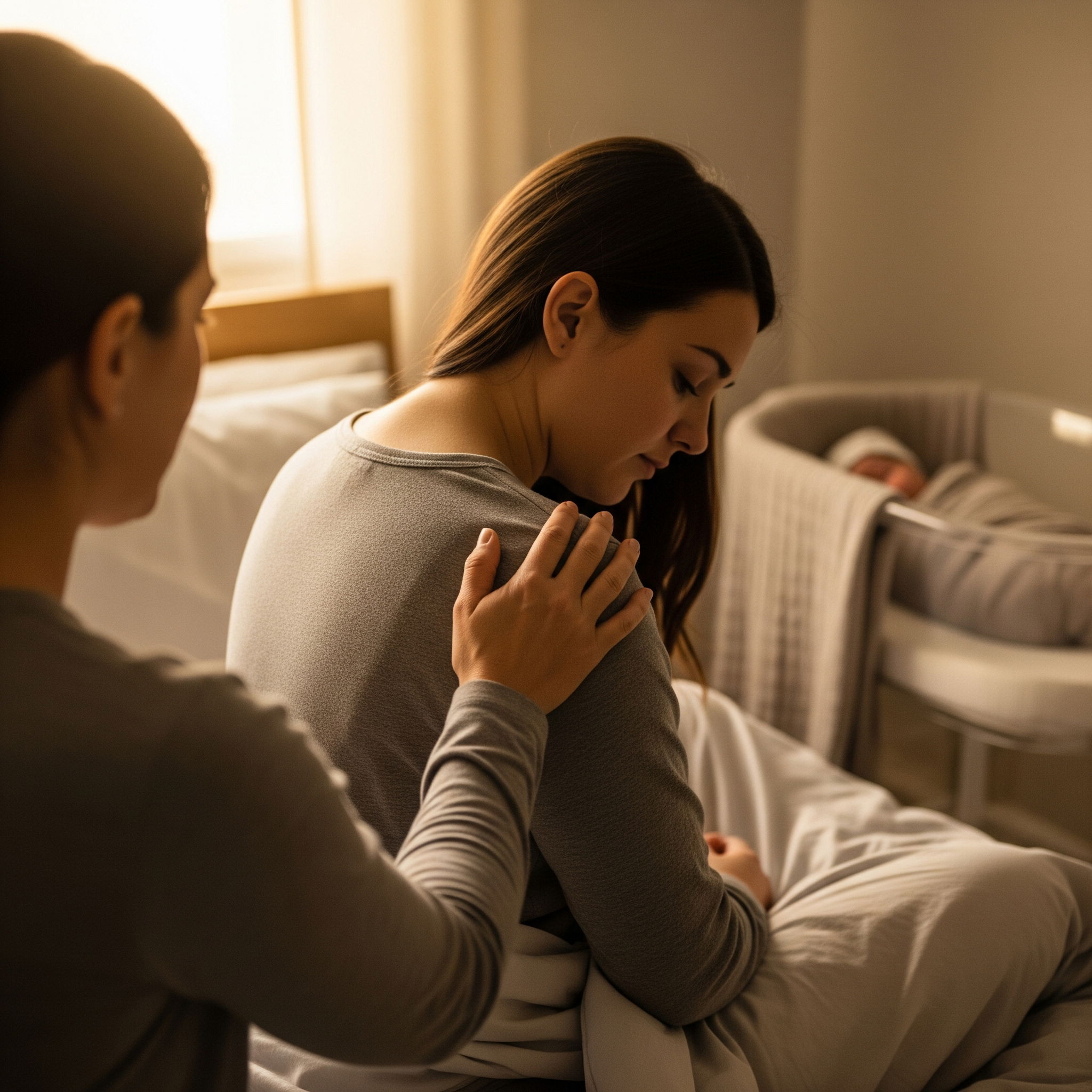 A postpartum doula provides crucial mental health support to a new mother by offering a comforting presence.