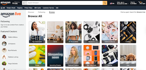 Screenshot of the Amazon Live page showing different categories of products and influencers