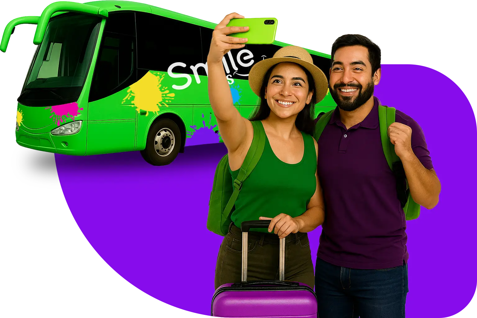 Viajeros sonrientes listos para su viaje en autobús de Veracruz a Puebla con Smile Bus
