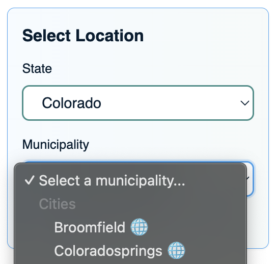 Plotzy's location selector with state and municipality dropdowns. Ability to upload new zoning doc for new area. 