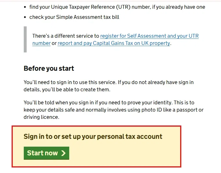 Scroll Down and Click start Now for HMRC Online Account