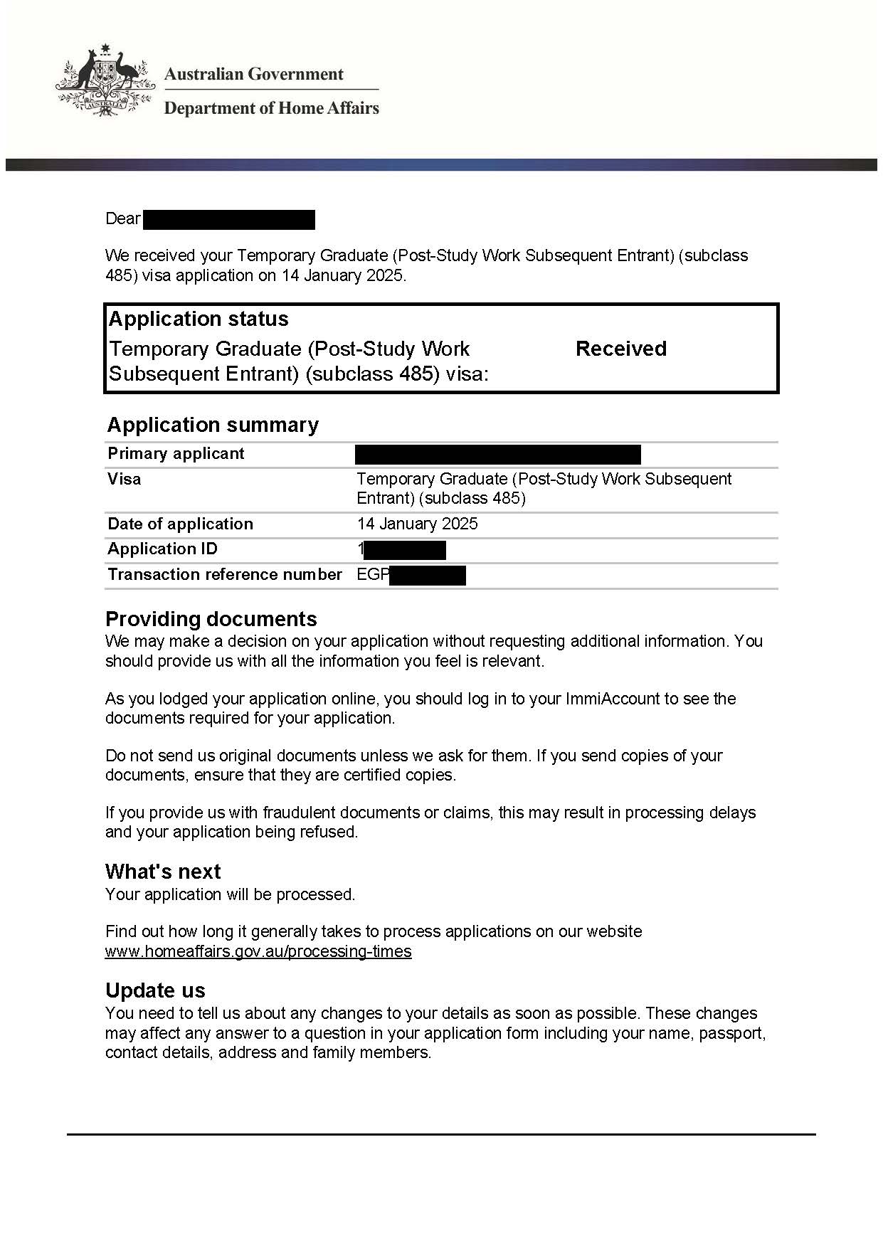 Graduate Visa Subsequent Entrant Application on the 14th of January 2025