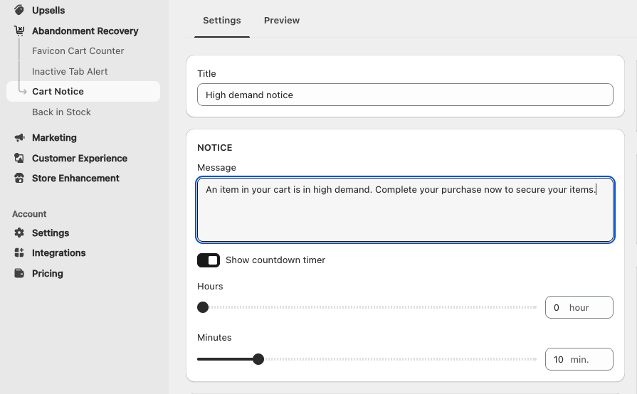 Cart notice customization in Crucials