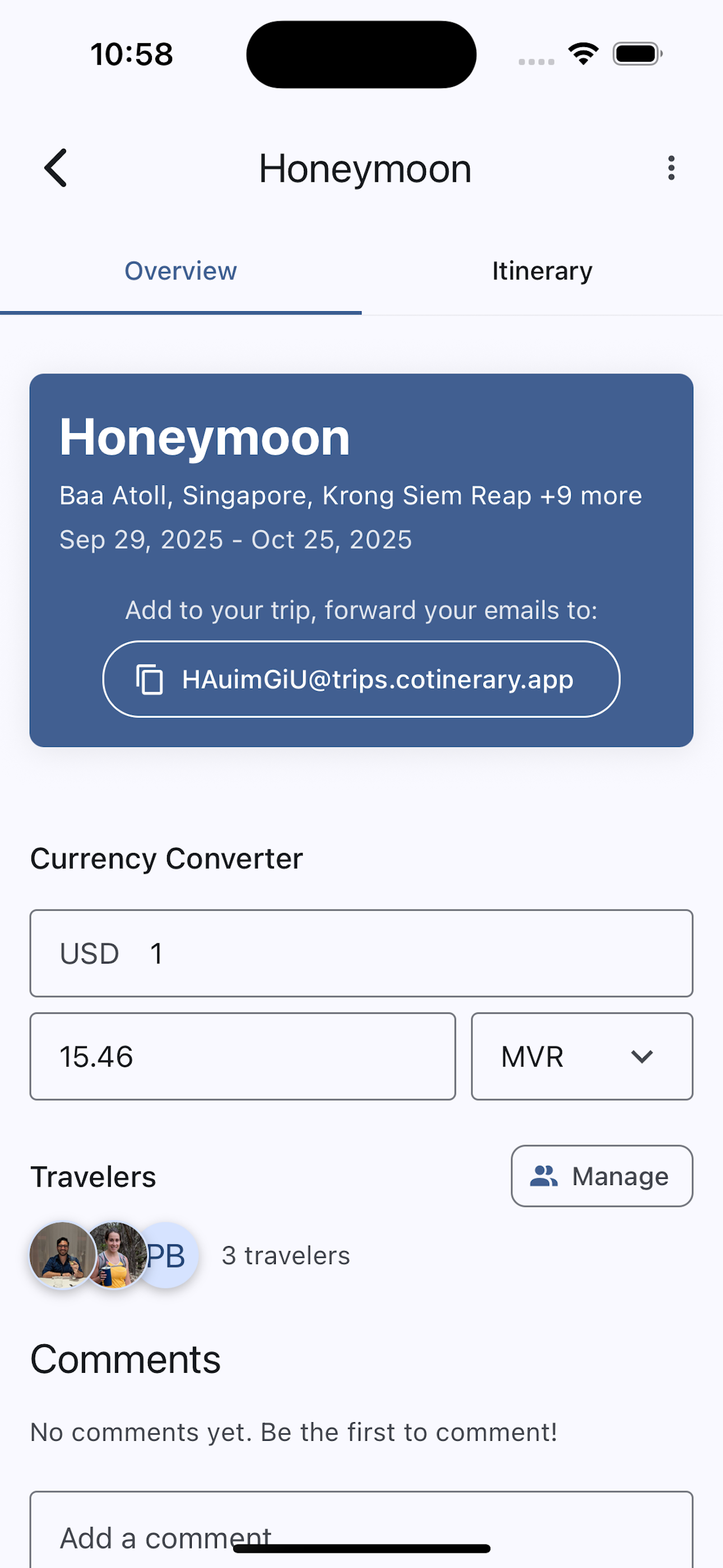 Cotinerary Itinerary Home page