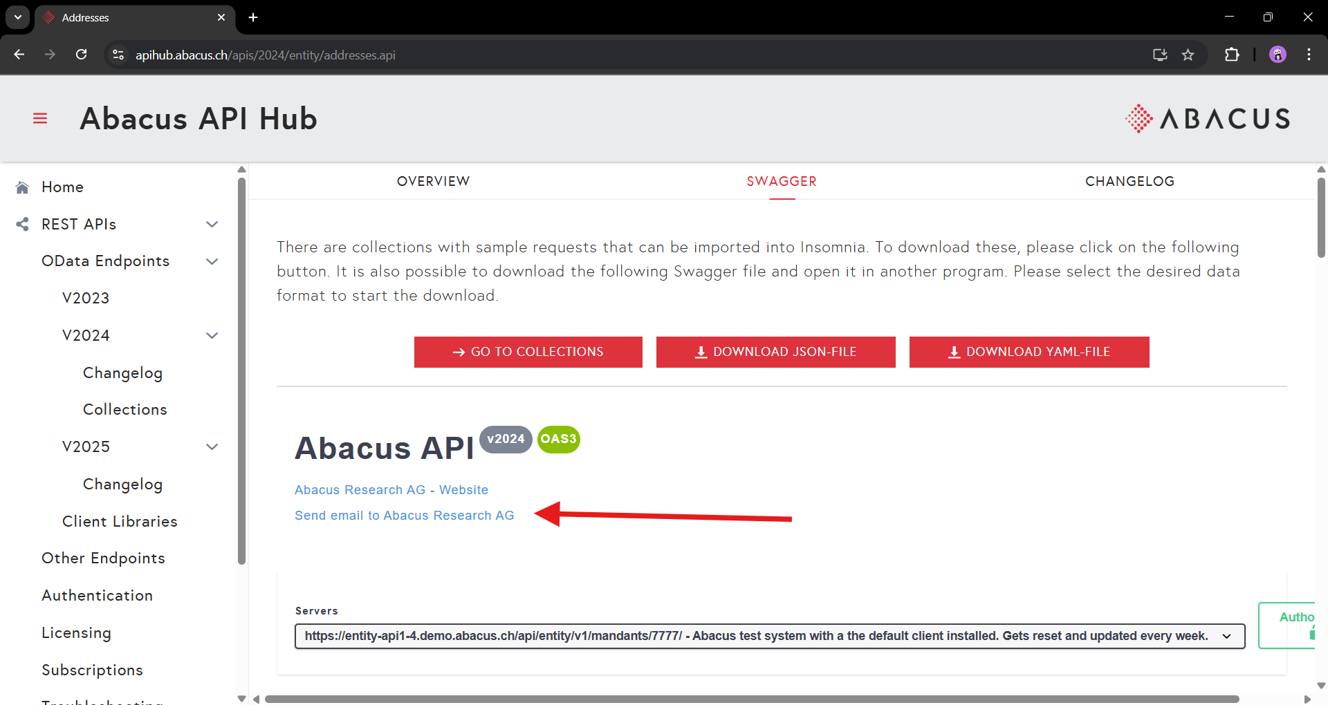 Retrouvez les informations de contact directement depuis la page de documentation de votre endpoint