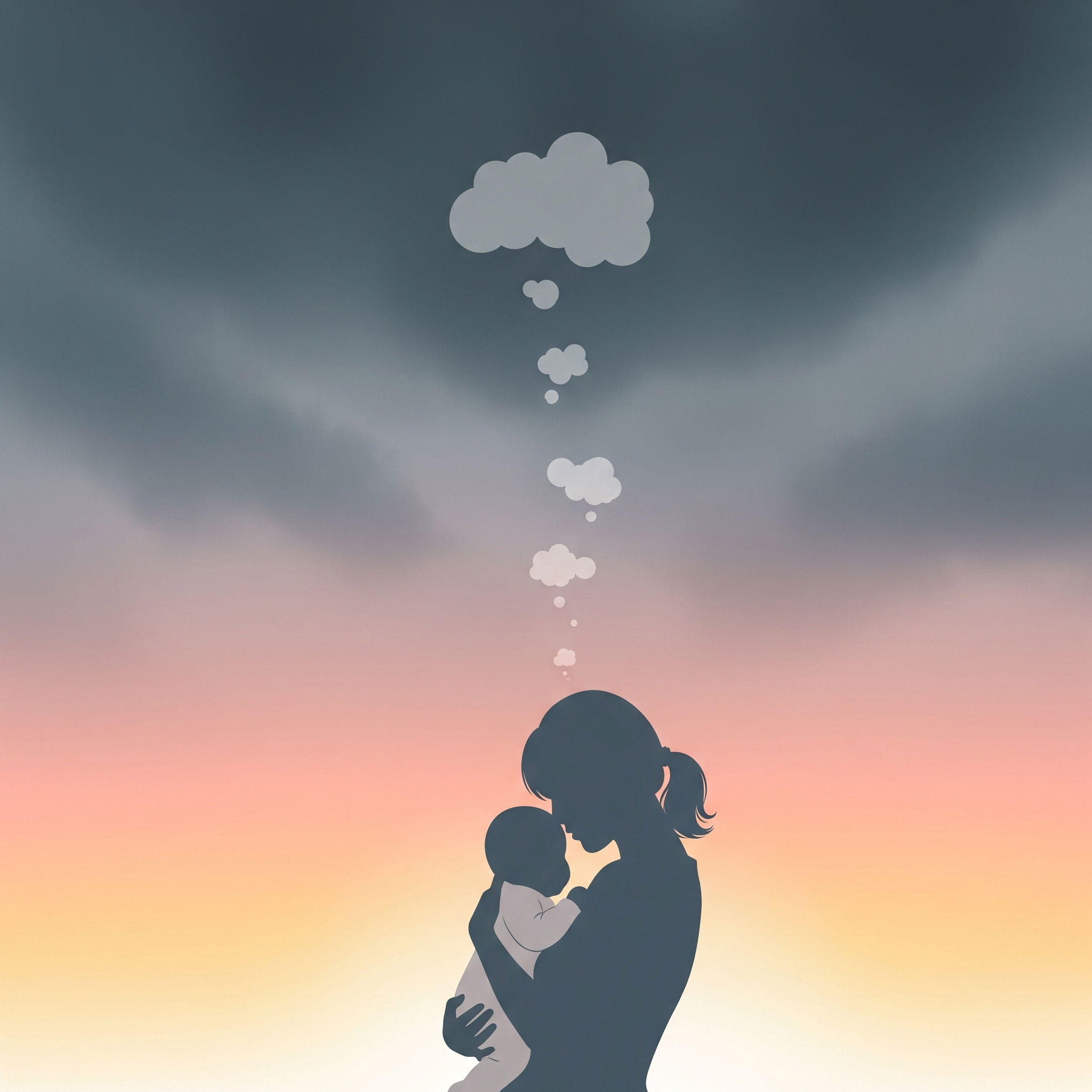 Parent holding baby with storm clouds clearing to represent recovery from postpartum OCD and intrusive thoughts