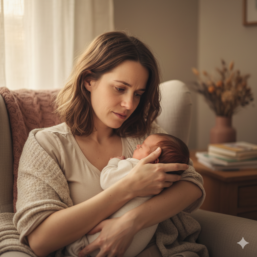 A new mother holds her newborn baby, her expression a mix of love and exhaustion, illustrating the complex emotions of the postpartum period and the reality that bonding takes time.