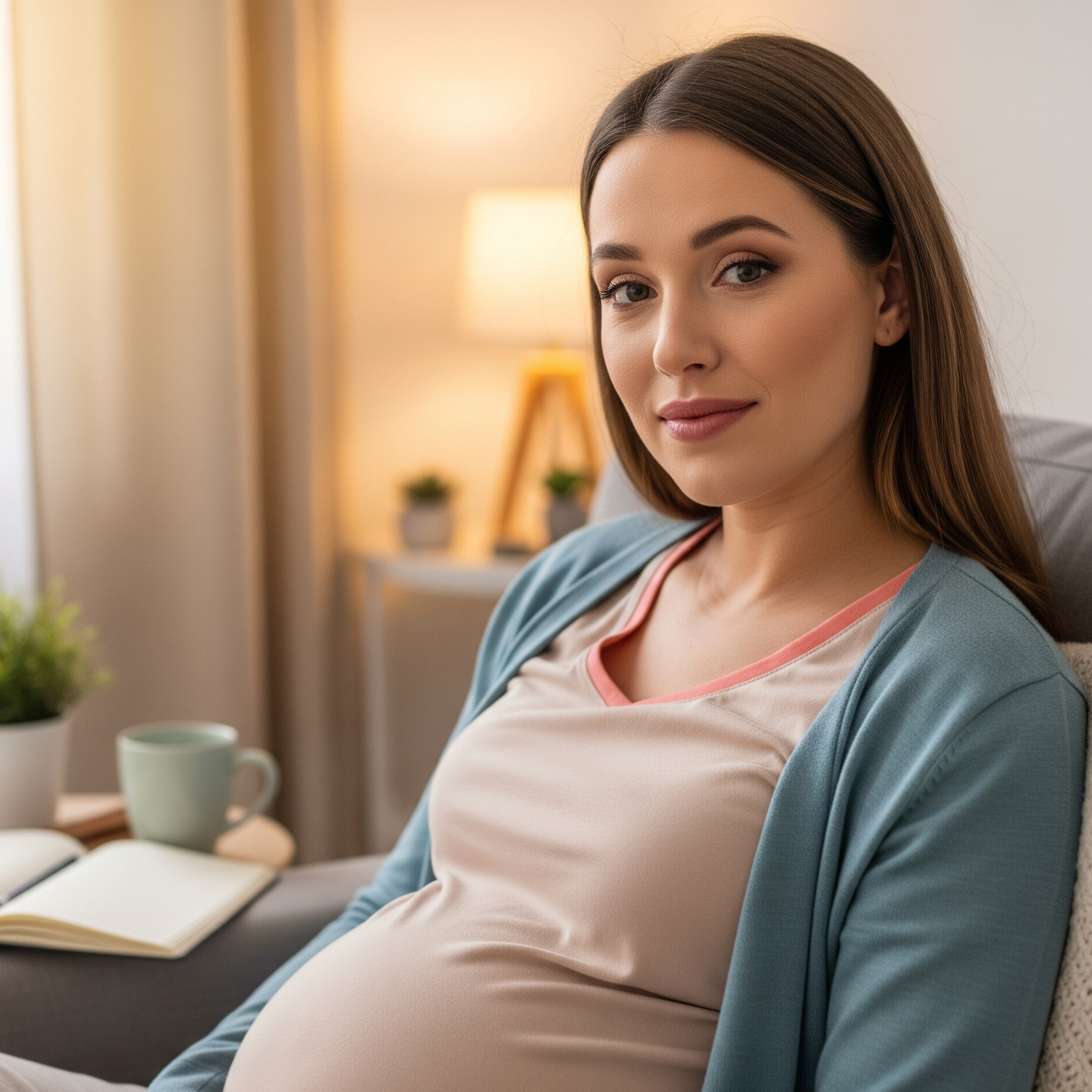 Hands resting on a pregnant belly with medical papers nearby, suggesting prenatal anxiety and constant worry.