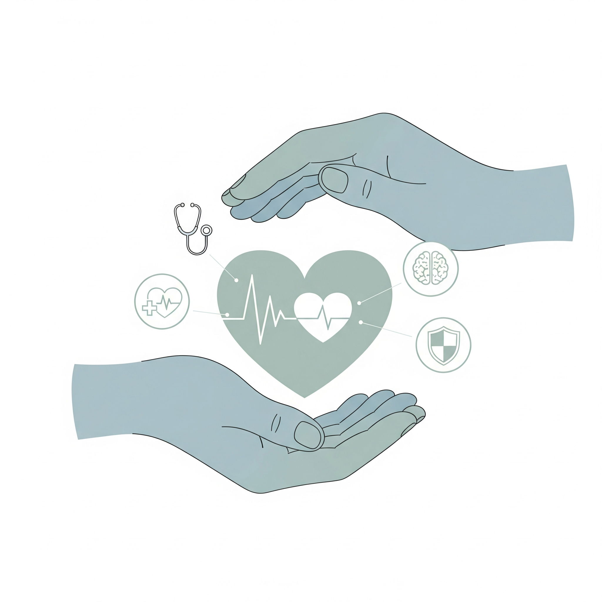 Illustration of hands protecting a heart with medical and insurance icons, representing comprehensive fertility and mental health care coverage