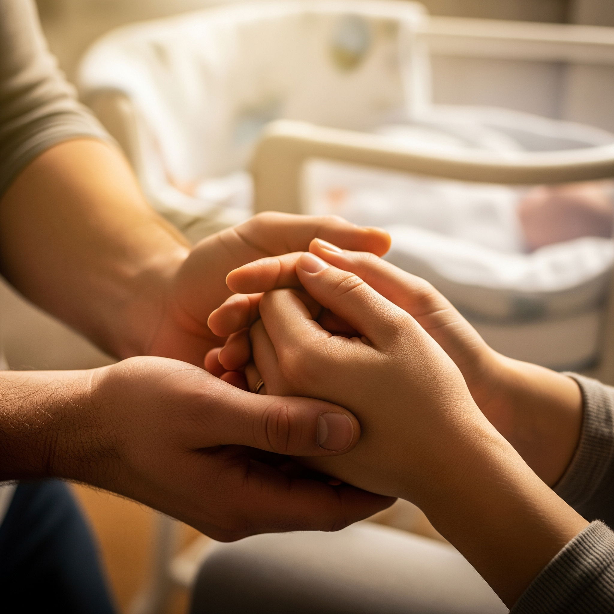 A partner's hands gently holding and comforting a new mother's hands, symbolizing support during postpartum depression.