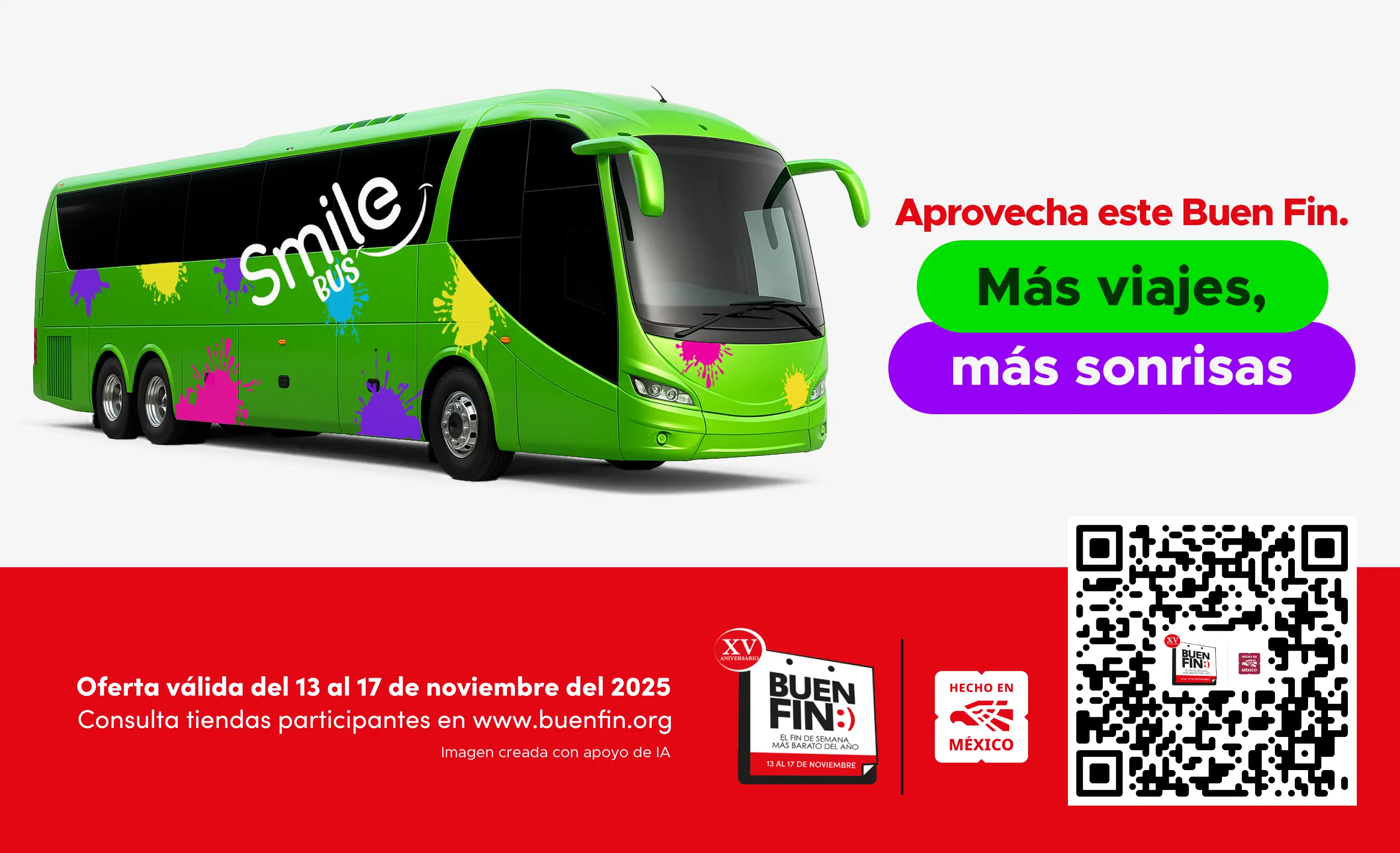 Aprovecha el Buen Fin 2025 con Smile Bus. Banner de promoción válida del 13 al 17 de noviembre con el eslogan "Más viajes, más sonrisas".