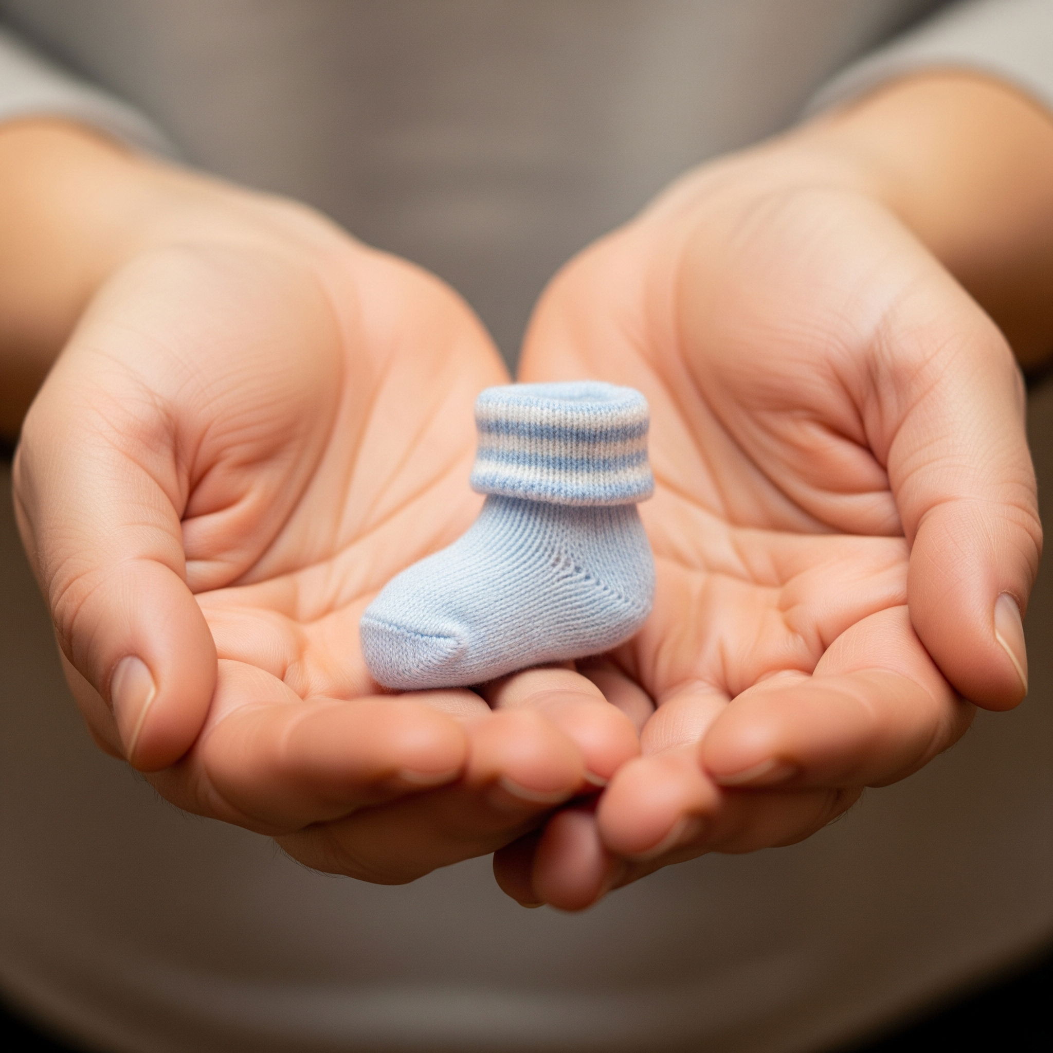 Two adult hands carefully hold a baby sock, a symbol of hope and a new beginning after pregnancy after loss.