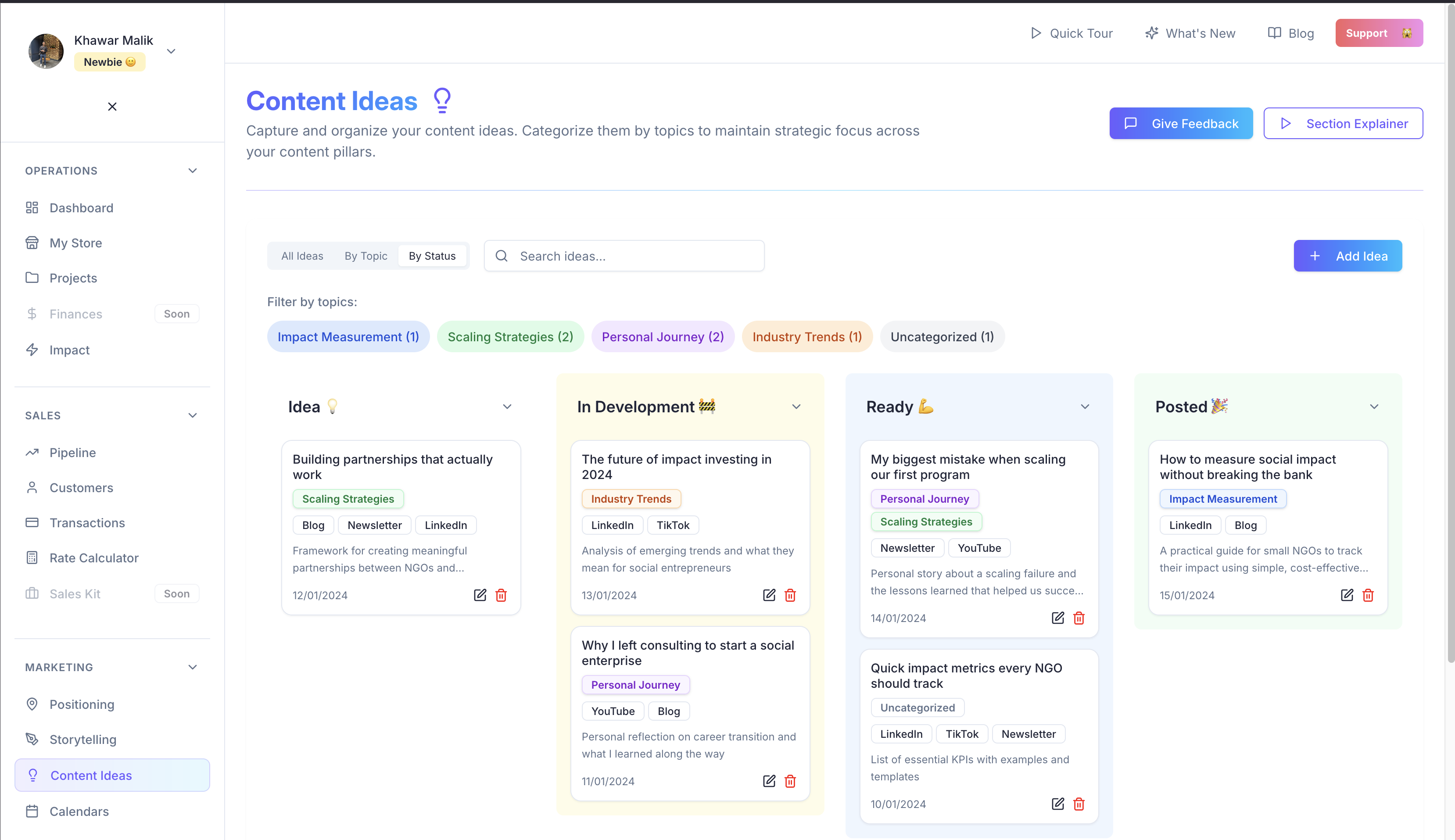 Browser mock-up of the SOMOS Content Ideas dashboard, displaying categorized cards for impact measurement, scaling strategies, industry trends, and personal journey posts in columns labeled Idea, In Development, Ready, and Posted.