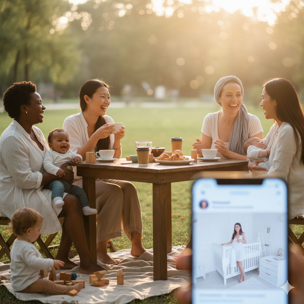 A group of mothers enjoys a real-life connection in a park, while a smartphone displaying a social media influencer's feed is blurred in the background, emphasizing the importance of a "real village."