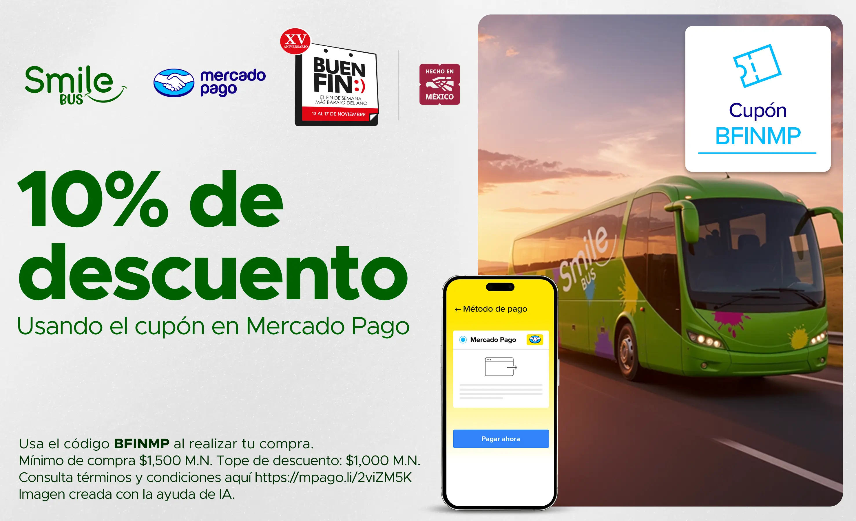 Promoción de Buen Fin de Smile Bus y Mercado Pago: 10% de descuento usando el cupón BFINMP.