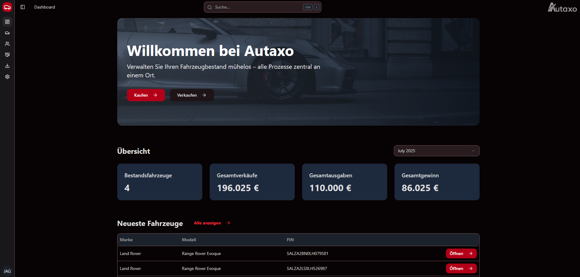 Screenshot der Autaxo-Computer-App: Dashboard in Dark Mode mit Willkommenskarte und Buttons „Auto kaufen“ und „Auto verkaufen“