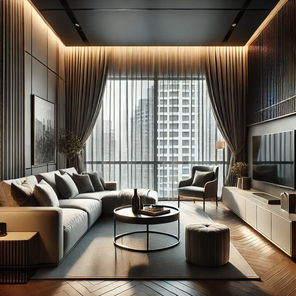Living moderno con cortinas