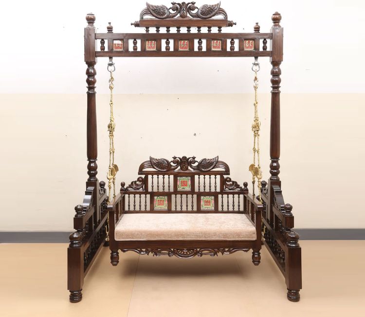 Data aakriti art creation padmini teakwood swing jhoola in walnut finish and tribal artwork with brass chain 1 750x650 (2)